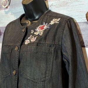 Hannah Sz S Black Denim Floral Embroidered Lightweight Jacket BoHo Jean